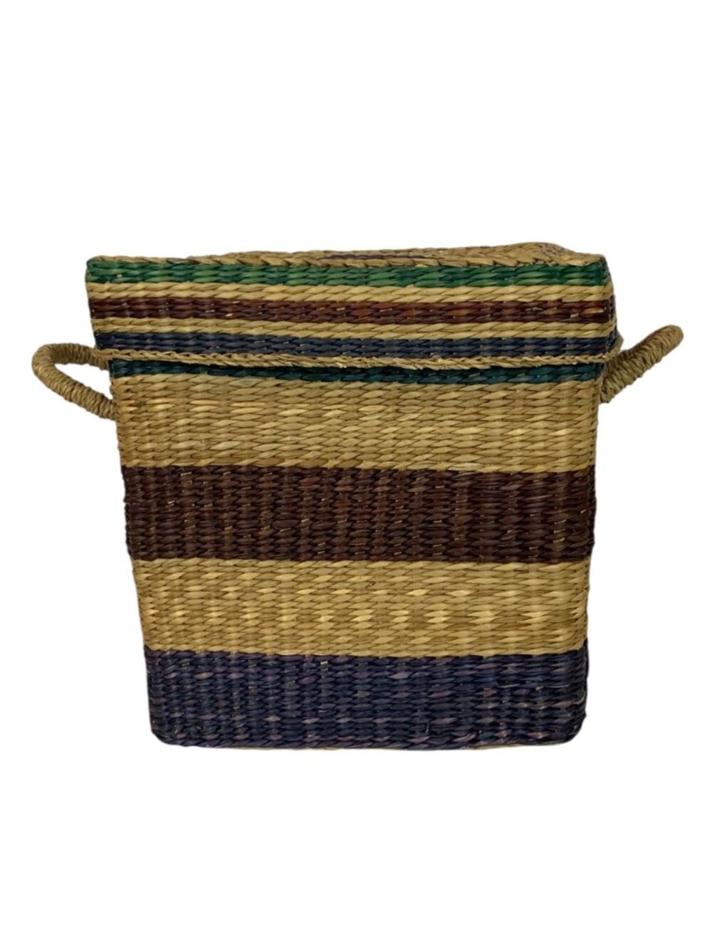 Square Bolga Basket With Lid Handles Handwoven Straw Multicolor Stripes Storage